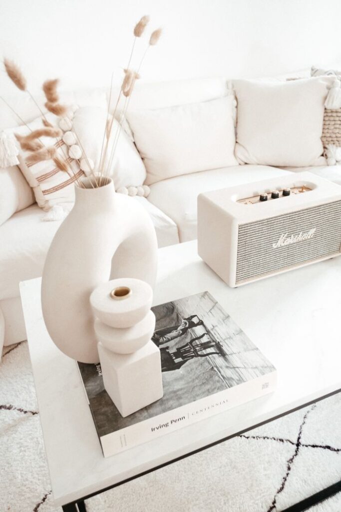 Home From above of vase with dried plants placed on white table with portable acoustic system n stylish room with couch